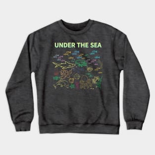 under the sea,blue sea,sea creatures,Turtle, puffer fish, starfish, shrimp, shark, tropical fish, sea horse, seaweed, sardines, squid, crabs, clams Crewneck Sweatshirt